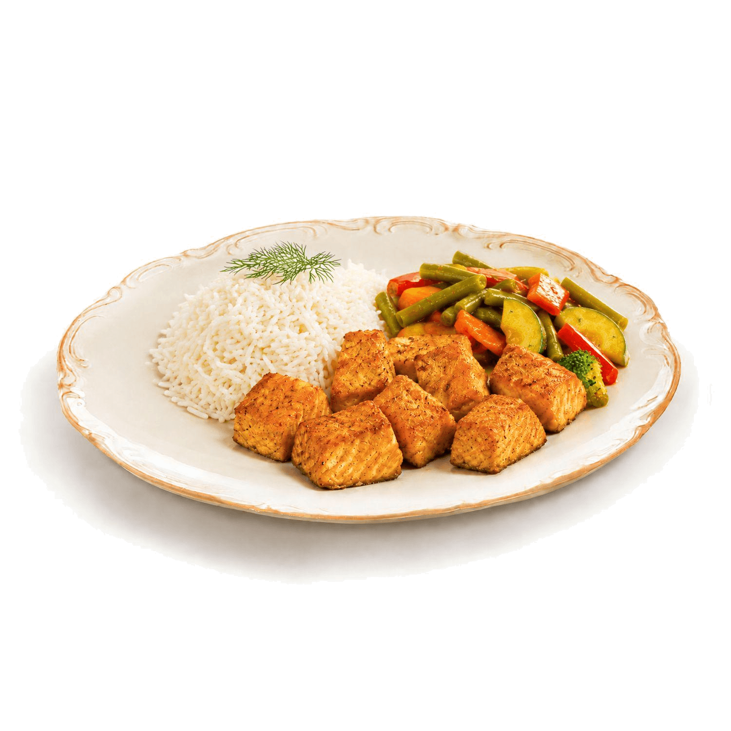 Fırınlanmış somon, basmati pilav ve sebzeler
